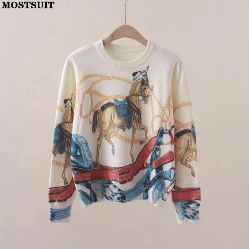 

Женский трикотажный пуловер с круглым вырезом, длинным рукавом и принтом