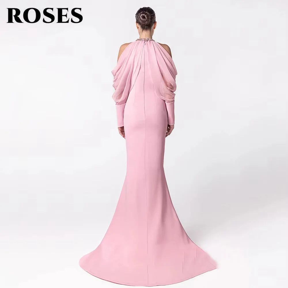 ROSES Pink Halter Party Dress Cold Shoulder Mermaid Evening Dress Crystal Satin Formal Gown with Button Prom Gown Customized