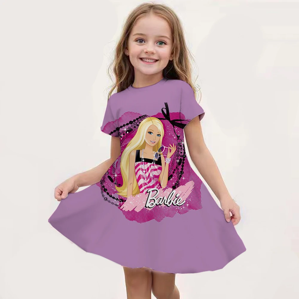 MINISO New Summer Girl Barbie Princess Print Dress Party Fashion Dress Birthday Gift Girl and Children\'s Cospaly Clothing