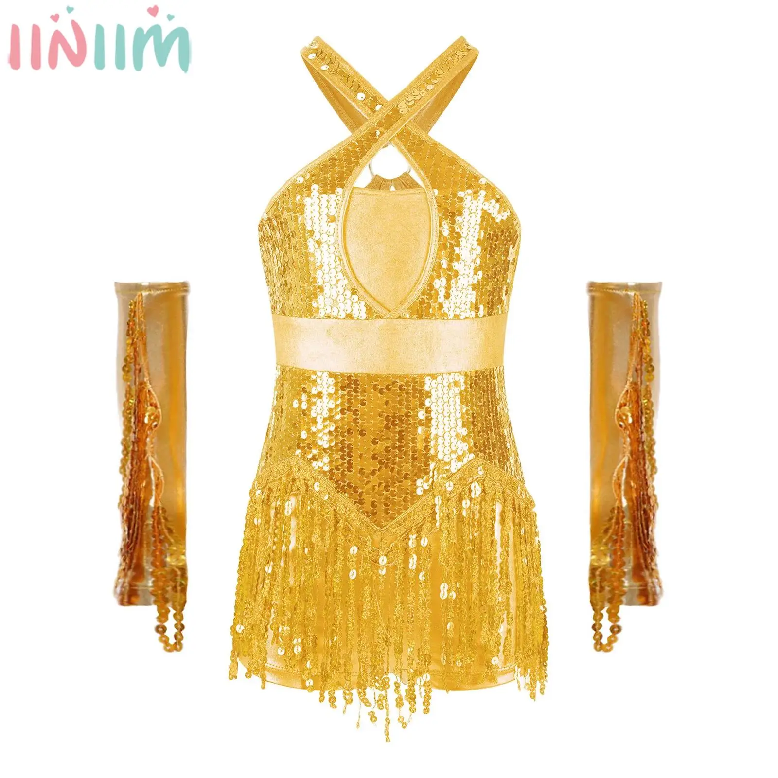 Kids Girls Latin Jazz Dance Sequins Tassel Leotard Dress with Fringe Metallic Gloves for Cha-Cha Samba Rumba Tango Performance