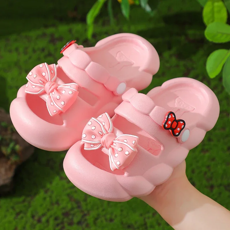 Summer Bow Baby Slippers For Children Cold Slippers Indoor Non-Slip Soft Bottom Comfort Cute Baby Hole Shoes Girls Home Slides