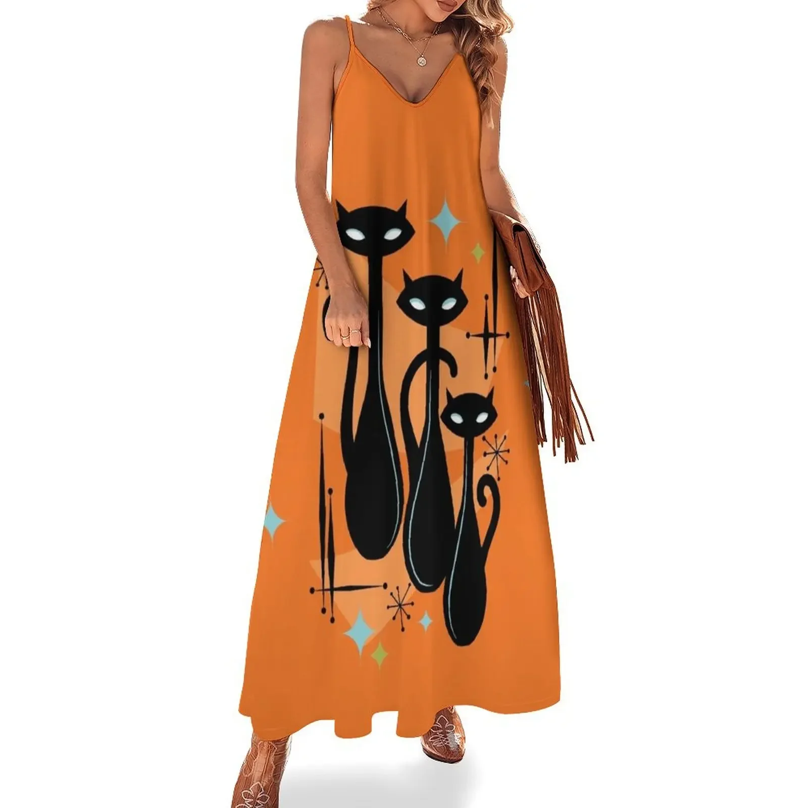 

Effervescent Orange Atomic Age Black Kitschy Cat Trio Sleeveless Dress prom dress elegant women's sets loose summer dress