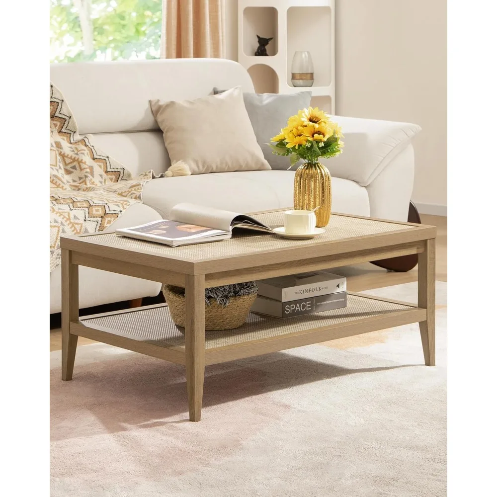 

Rattan Coffee Table for Living Room - Boho Rectangle Center Coffee Tables with 2-Tier Rattan Storage Shelves - Accent Sofa