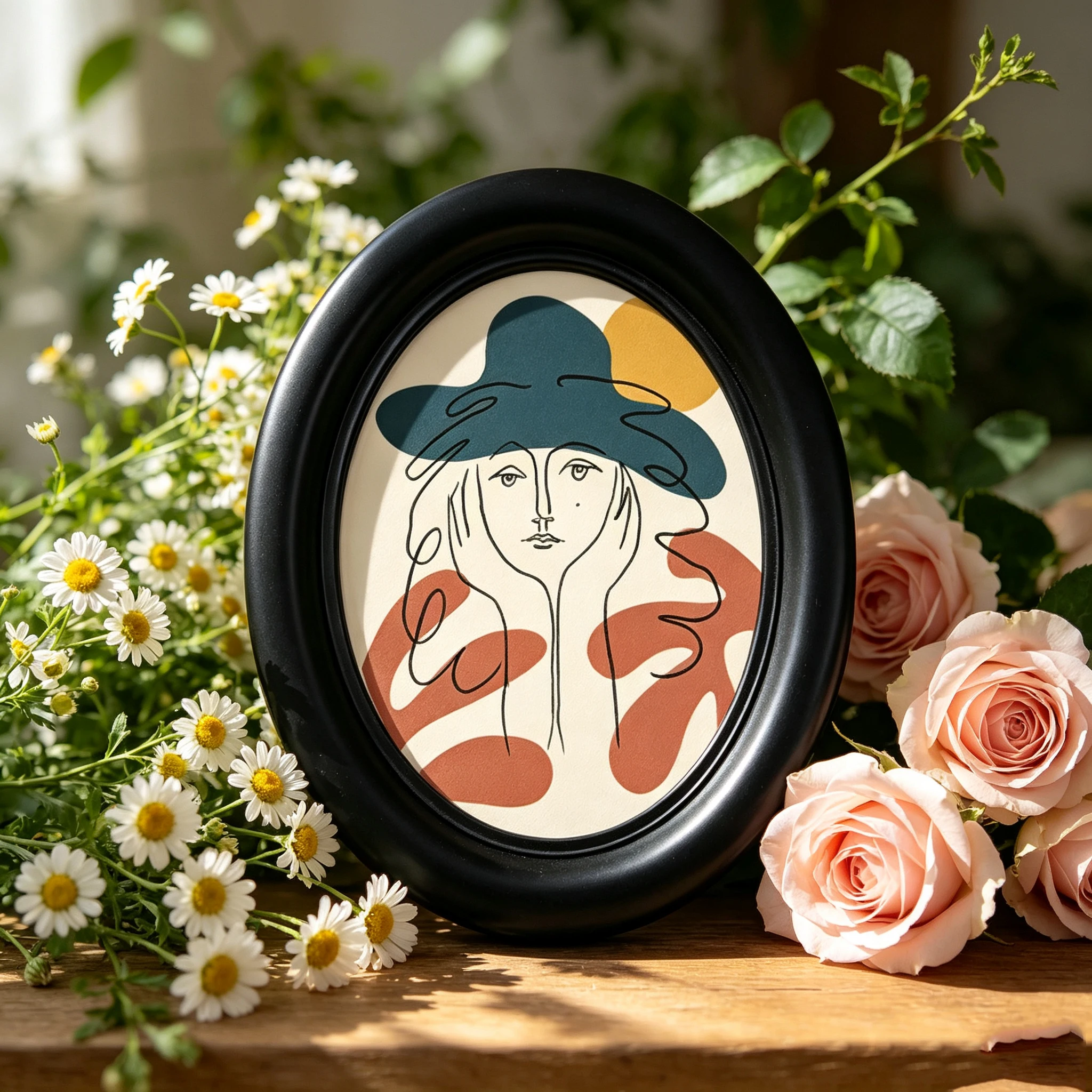 Abstract Line Face Print Girl Back Wooden Elliptical Photo Frame, Perfect for Home & Holiday Decoration, Great Gift Choice