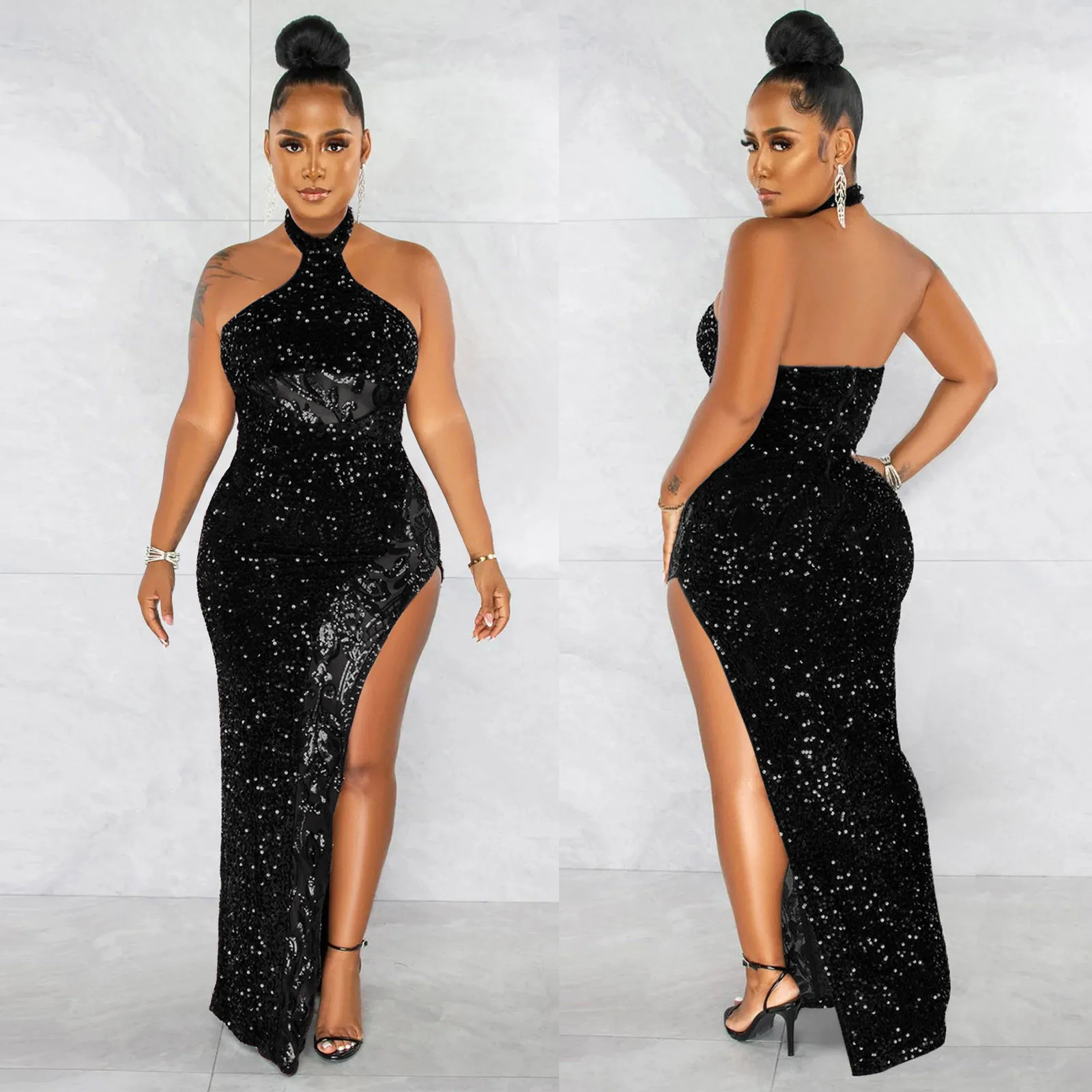 Plus Size Jurken Voor Bochtige Vrouwen Glitter Sparkly Pailletten Mouwloos Halterneck Zijsplit Cocktailjurk Elegante Feestjurken