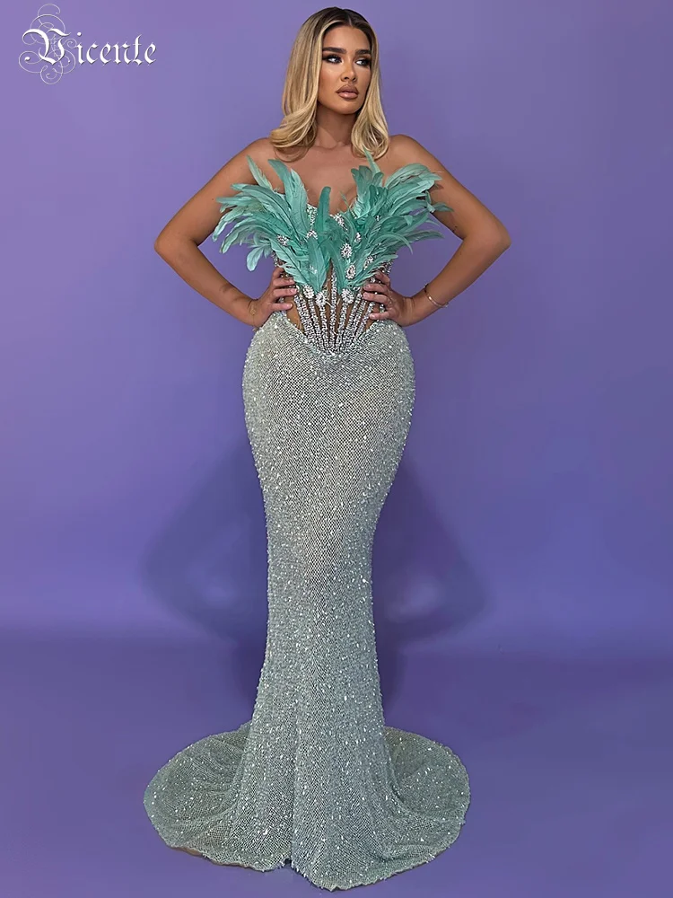 VC Tube Top Sequins Mermaid Long Dress Sweetheart Feathers Beaded Diamond Blue Strapless Slim Prom Party Evening Gown Vestidos