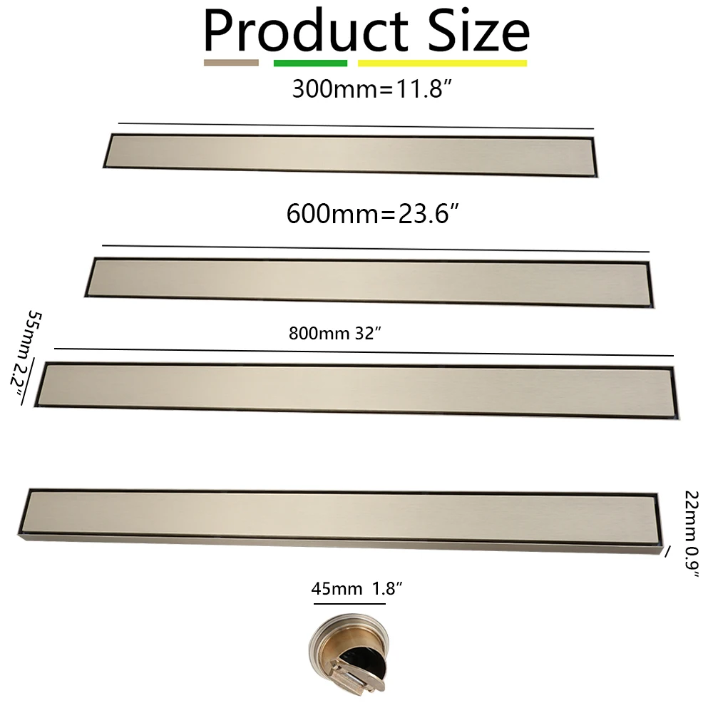 ZAPPO Brushed Gold 32 inch with 2-in-1 Tile Insert Cover 304 Stainless Steel Linear Shower Floor Drain with Hair Catcher