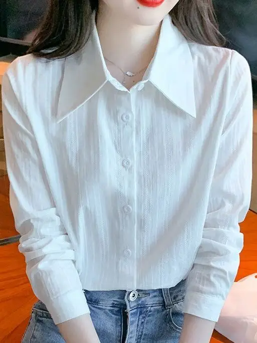 

Spring 2026 Pure Cotton Long Sve White irt Korean Sle Faionable Versatile Flip Collar Top Women's Premium Quali Bl...