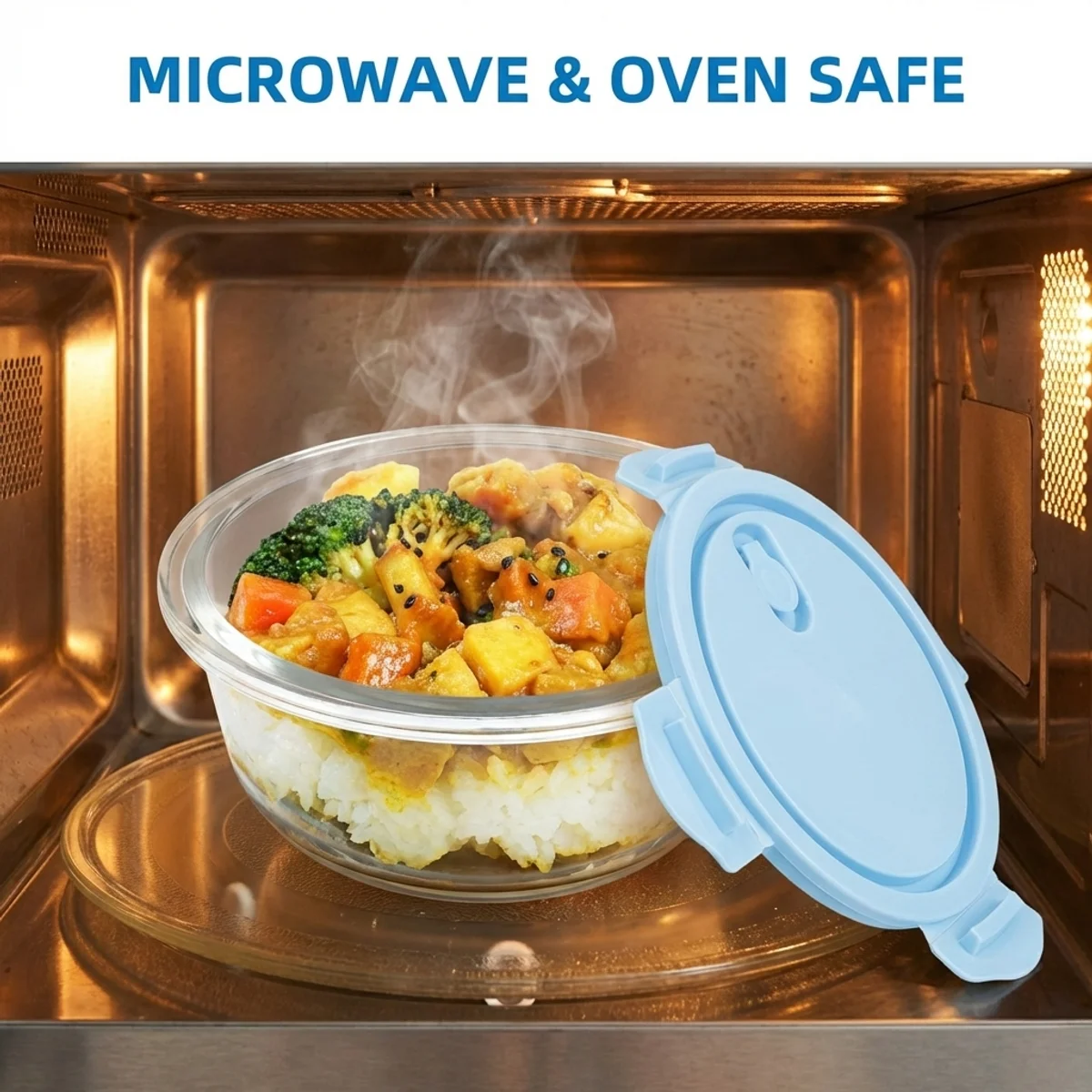 

Круглая стеклянная миска для хранения продуктов Rock Blue, 1000 мл, термостойкая для микроволновки и холодильника, с герметичной крышкой, без BPA