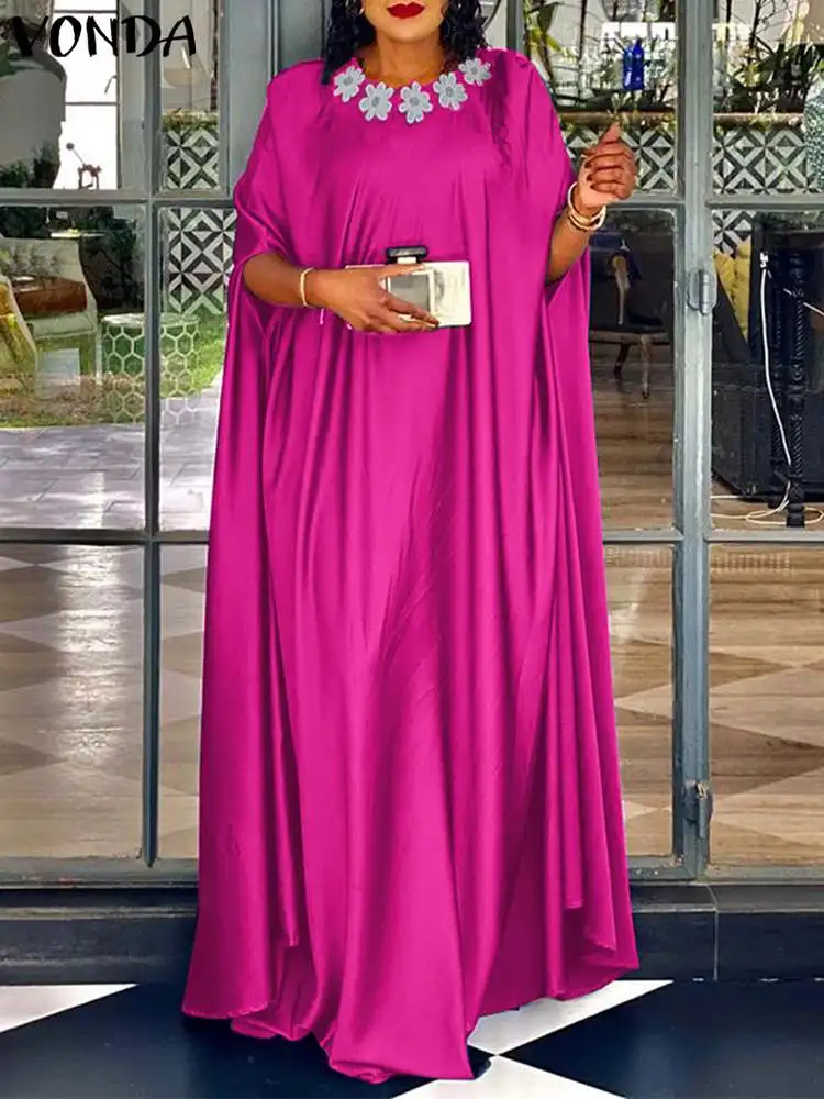 Plus Size 5XL VONDA  Summer Party Dress Fashion Women Satin Long Maxi Sundress Bohemian Round Neck 3/4 Bat Sleeve Vestidos Robe