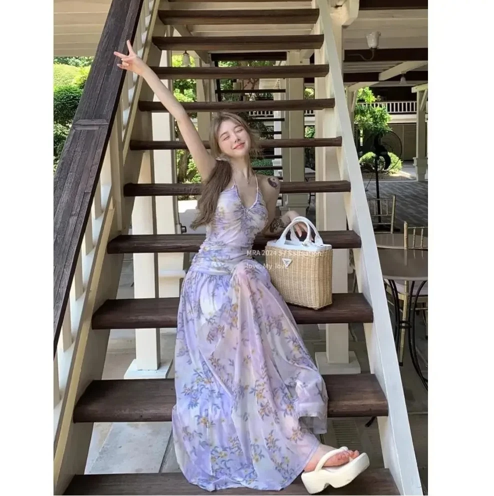Women's French Vintage Floral Print Halter Neck Strap Dress Backless Elegant Waist Cinching Long Summer Dress Beach Holiday yle