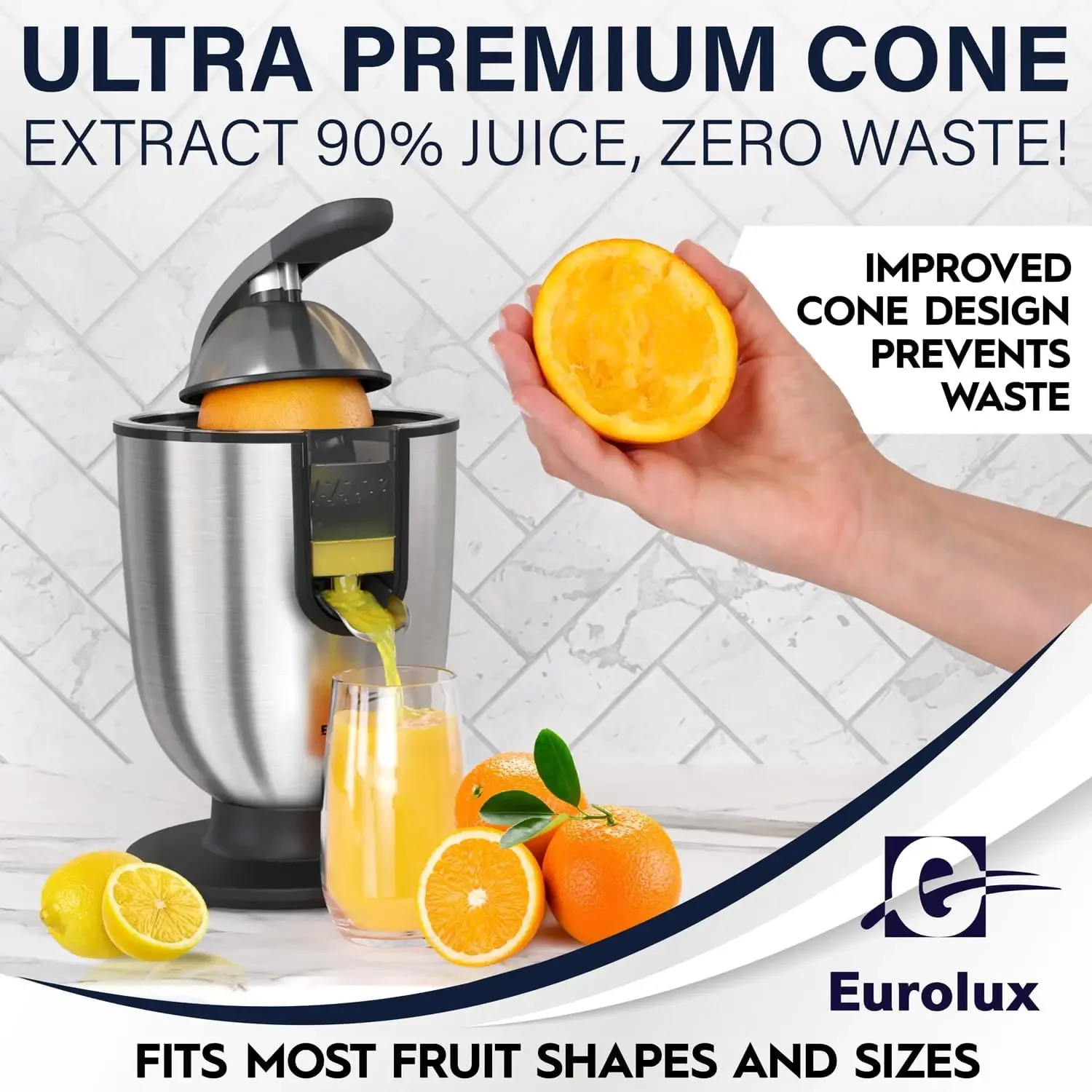 NEW Premium Electric Orange Juicer | Stainless Steel Citrus Squeezer With New Ultra-Powerful Motor and Soft Grip Handle for