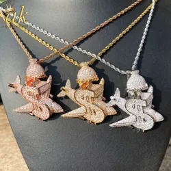 Aokaishen Iced Out Plane Dollar Sign Necklace Pendant for Men Micro Pave Real Gold Plated Hip Hop Jewelry