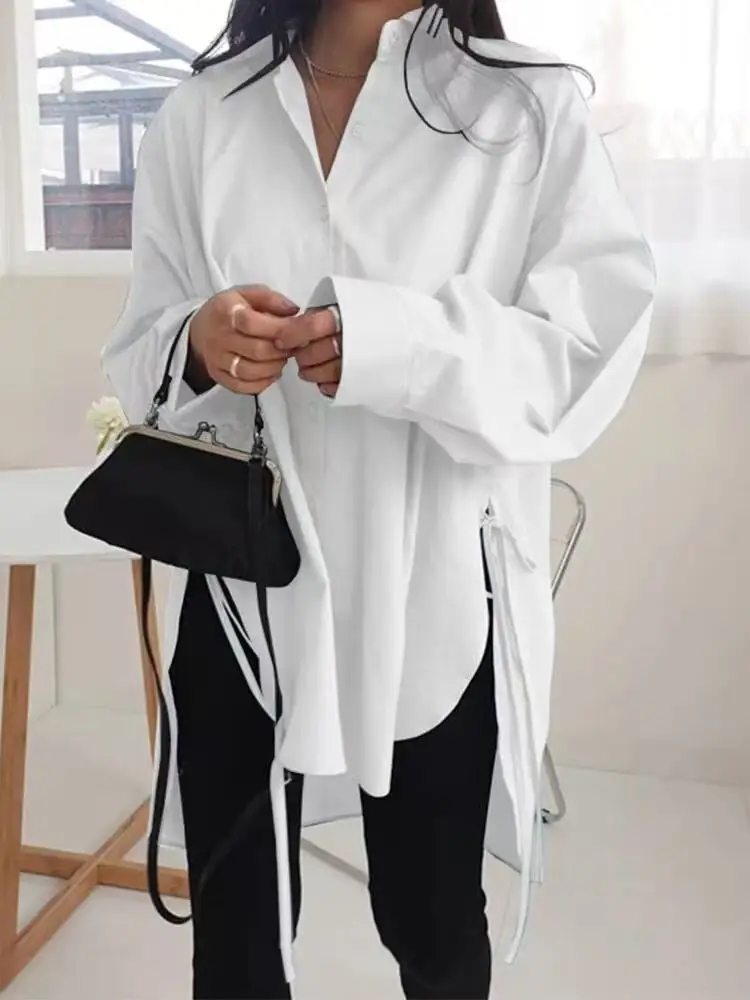 Korean Lazy Style Side Drawstring Asymmetrical Shirt Women's Mid-Length Oversize Long Sleeve Hip Covering Blouse