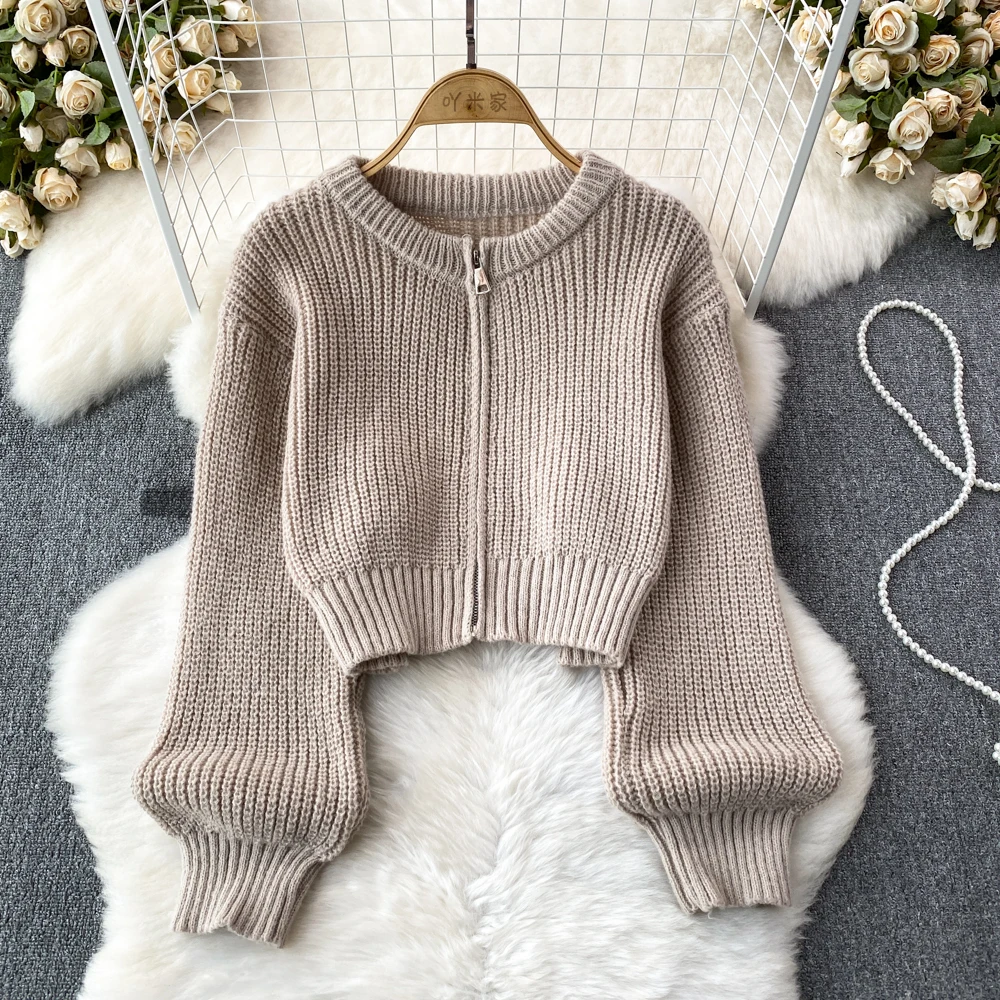 

Autumn Winter Korean Style Knit Sweater Loose O-neck Long Sleeve Zipper Cardigans Tops Casual All-matched Solid Women Coats