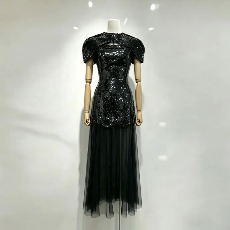 EDGLuLu High Quality Luxury Black Sequin Spliced Mesh Dress 2026 Summer New Fake Two Piece Birthday Dress 0605