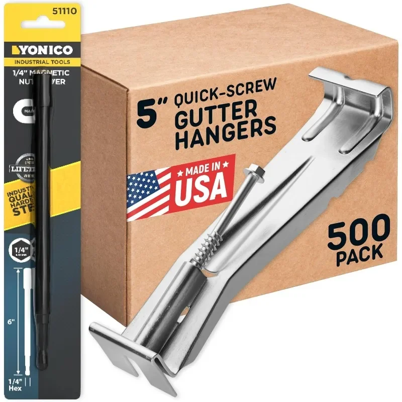 Quick Screw Gutter Hangers 5 Inch- 500 Pack - 5 Inch Gutter Clips with Bonus 6 Inch Drill Bit - Hidden Bracket Clips