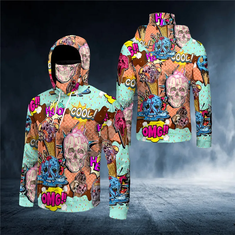 

PLstar Cosmos Halloween Hello Ice Cream Melting Skull 3D Print Bandana Hoodie US Size Women Men Casual Pullover Hoodie Mask Warm