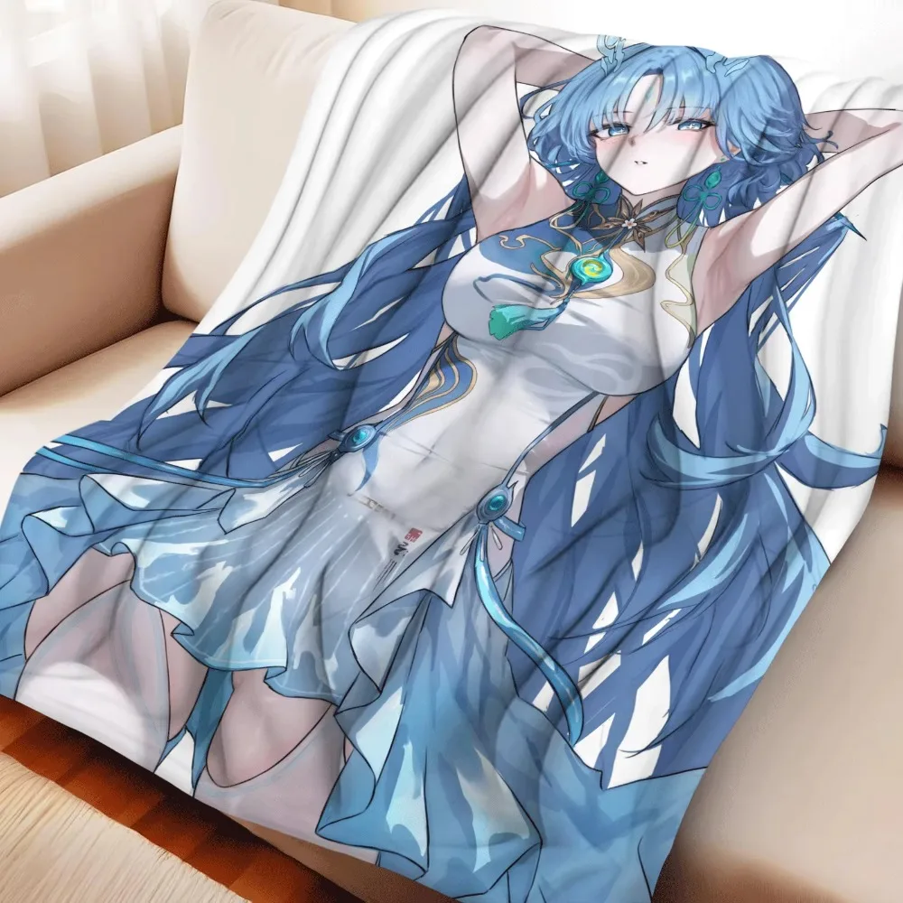 Flannel Throw Blanket Hekate Anime Blue Long Hair Girl With Dragon Horns Print Soft Warm Lightweight Sofa Bed Blanket Home Decor