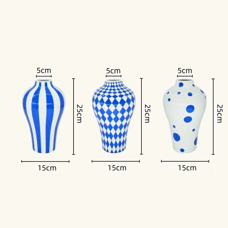 1Pcs Ceramic Vase Blue Geometric Quilted Pattern Polka Dots Flower Arrangement Accessories Ceramic Crafts Home Decoration