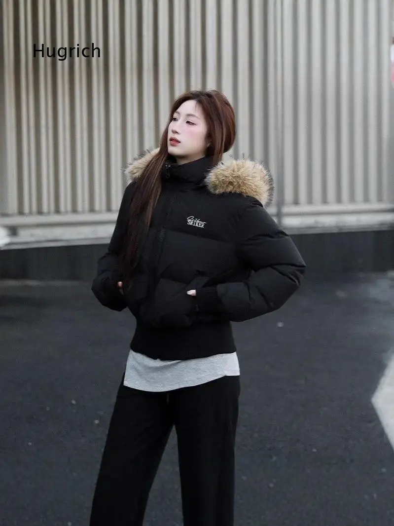 Womens Short Hooded Parka Coat With Large Furry Collar Waist Cinched Slim Fit Black Padded Jacket Elegant Warm Outerwear For Col