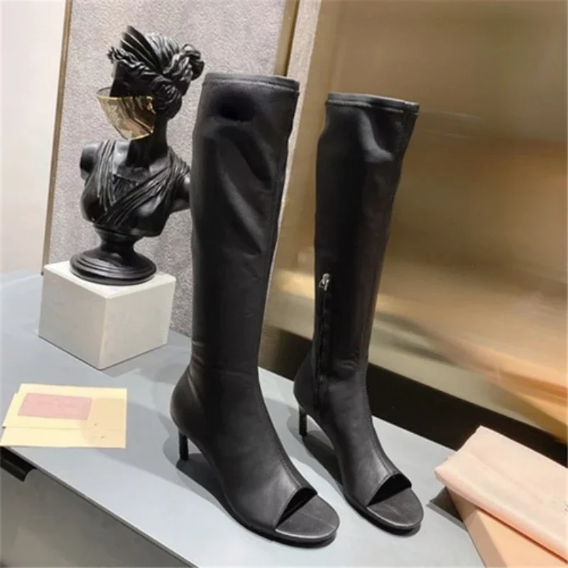 2023 Elastic Slim Heel Clip Toe Boots  European Fashion Cool Boots Cat Heel Open Toe Knee High Boots Zipper Ankle Short Boots