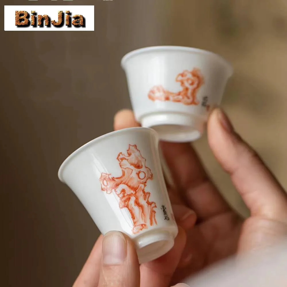 35/40Ml Hand Painted Taihu Lake Stone Tea Cup White Porcelain Master Personal Meditation Smelling Kung Fu Set Accessories craft