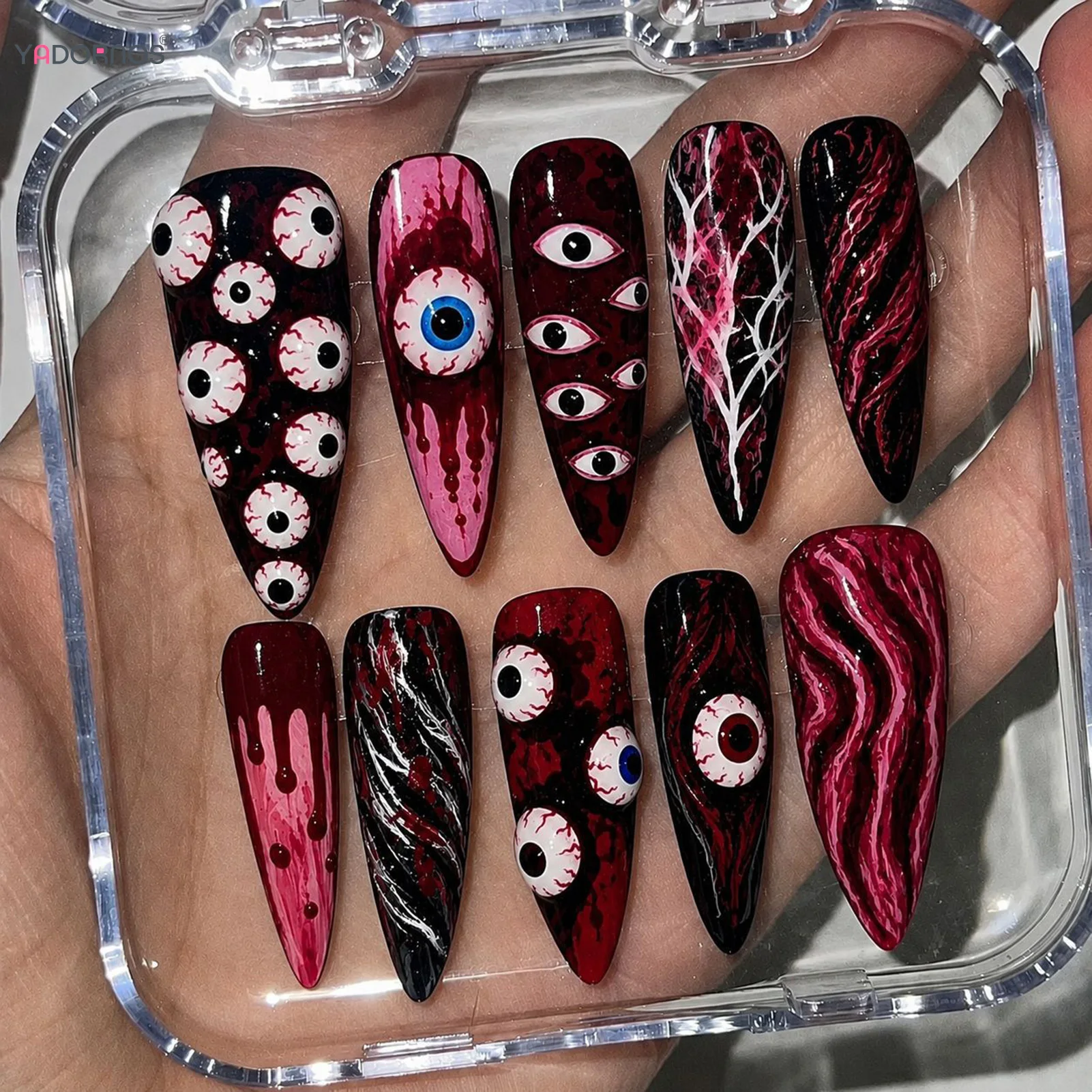 24 Stück Blutfarbene Lange Spitze Künstliche Nägel Horror Hundert Augenbälle Deko Aufklebenägel Halloween Gothic-Stil Party Falsche Nägel