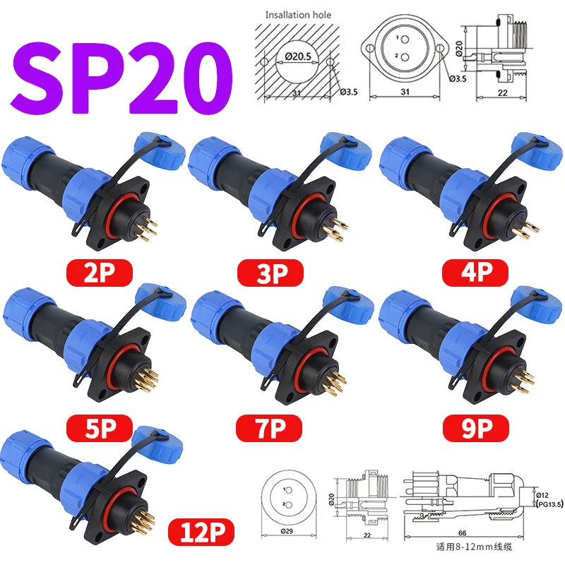 IP68 Aviation Connector SP17 SP13 SP16 SP20 SP21 Male Plug & Female Socket 2 Hole Flange Panel Mount 2 3 4 5 6 7 9 10 12Pin