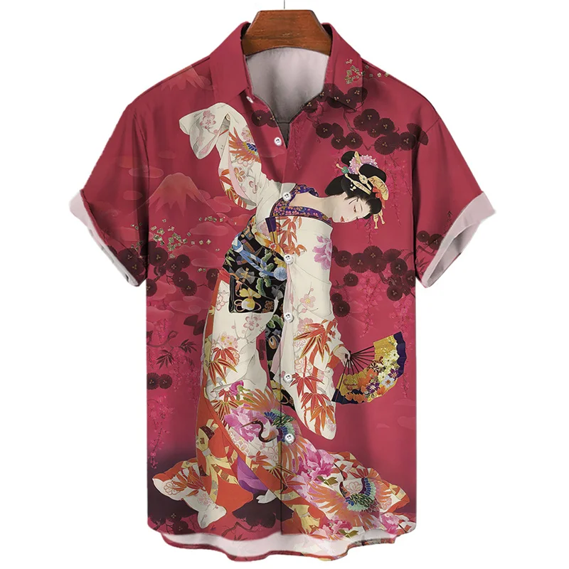 3d Printed Japanese Geisha Shirt For Men Clothing Fashion Street Loose Short Sleeved Tops Summer Casual Lapel Hawaiian Shirts