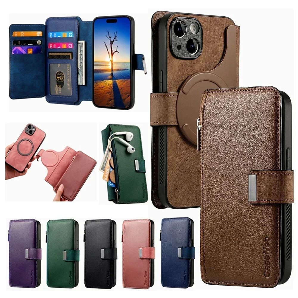 

Кожаный чехол со съемной картой 2 в 1, чехол-бумажник для IPhone 17 Air 16 15 Pro 14 13 12 11 Pro Max Plus с магнитной откидной крышкой для телефона