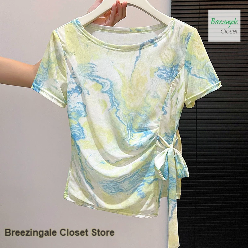French oil painting tie-dye smudge printing short-sleeved T-shirt female summer strap design thin double-layer mesh waist top