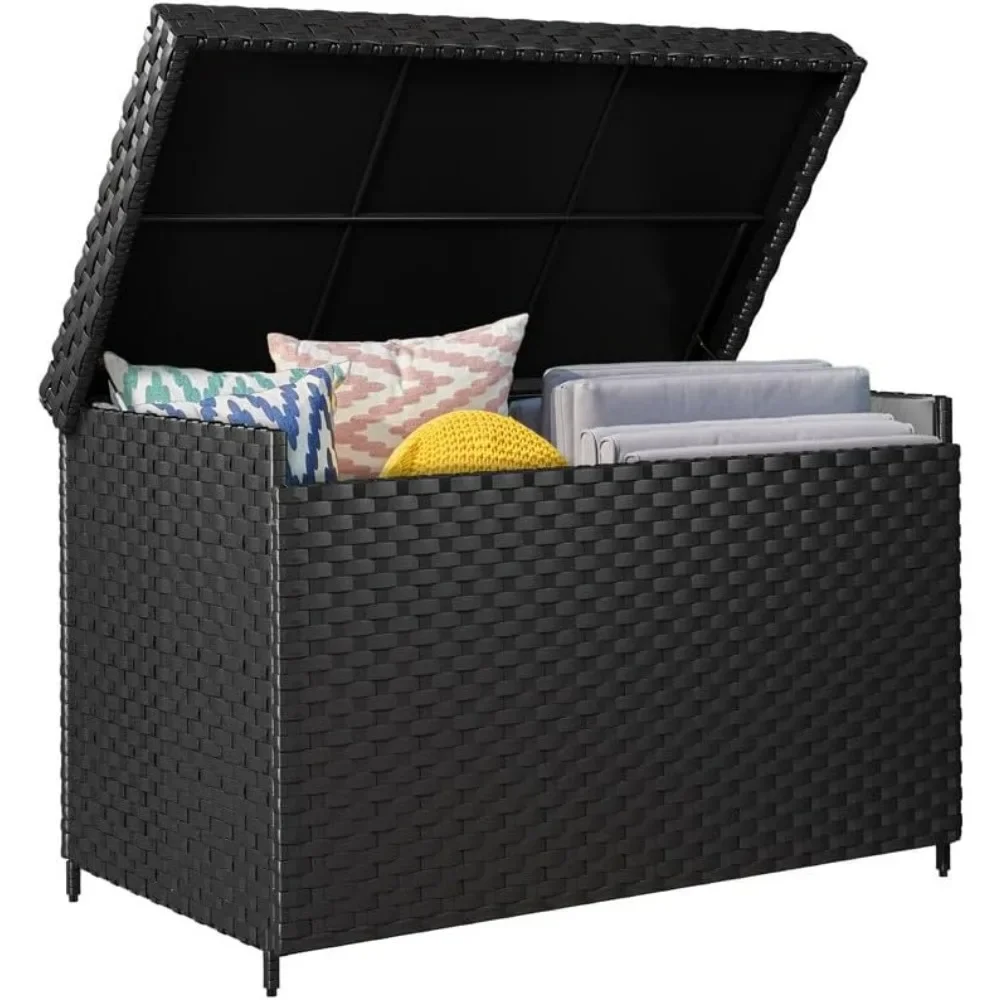 

Gallon Wicker Deck Box, XXL All-Weather Outdoor Storage Box, Black Rattan Storage Bin for Patio Furniture, Outdoor Cushions