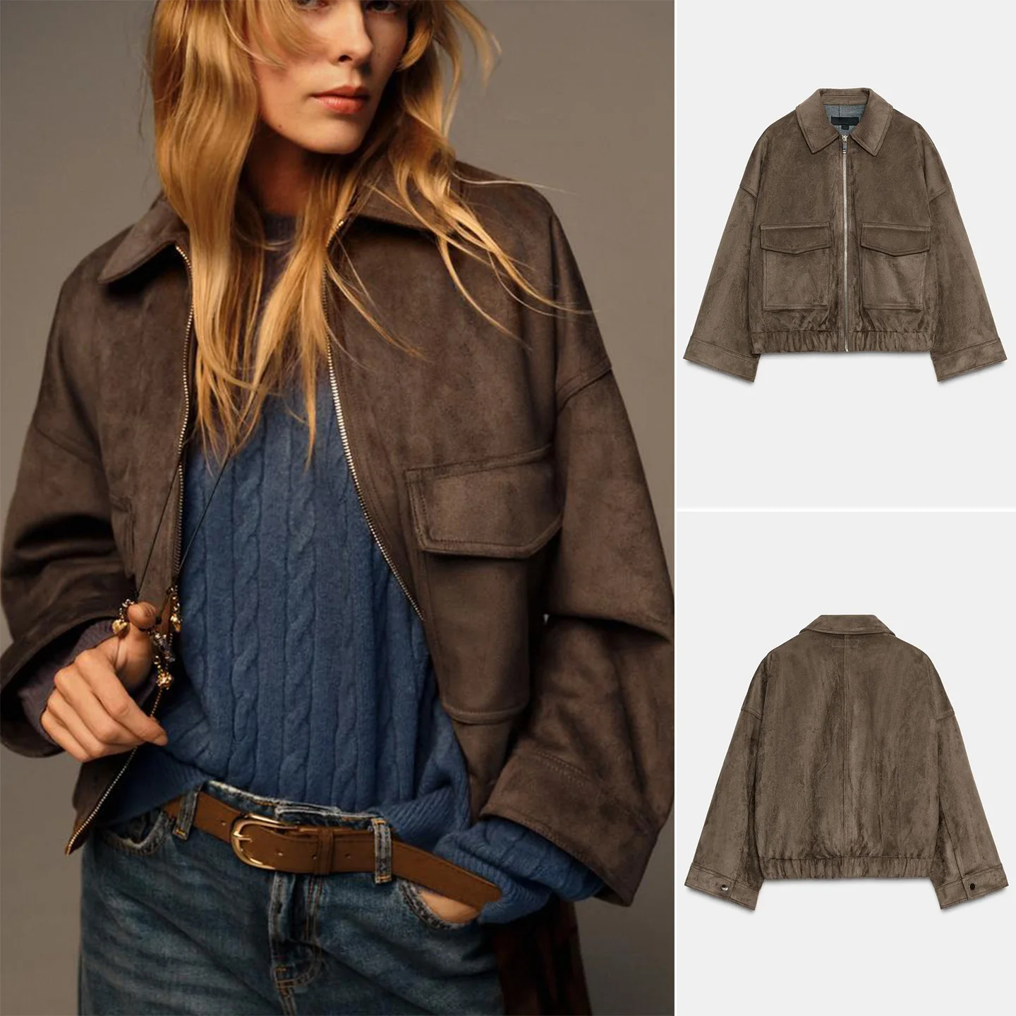 

Autumn New Arrival Women's Elastic Hem Long Sve Faux Fur Jaet Collar Outerwear Casual Loose Fit Breathable Zipper Closure