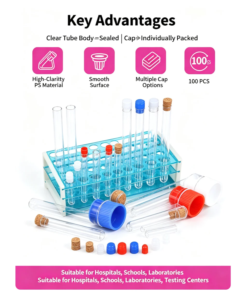 100Pcs Disposable Hard Plastic Test Tubes with Cork Stopper / Screw Cap, Clear Sample Collection Tubes Lab Consumables
