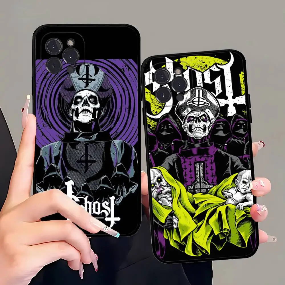 Clássico banda de metal g-ghost caso de telefone para iphone 16 15 14 13 12 11 17 pro max simplicidade volta tpu caso macio