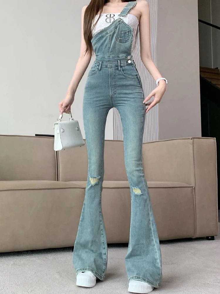 Slim Wide-Leg Flare Jeans Spaghetti Straps Denim Jumpsuit Fashionable High Street Autumn Women's Trousers