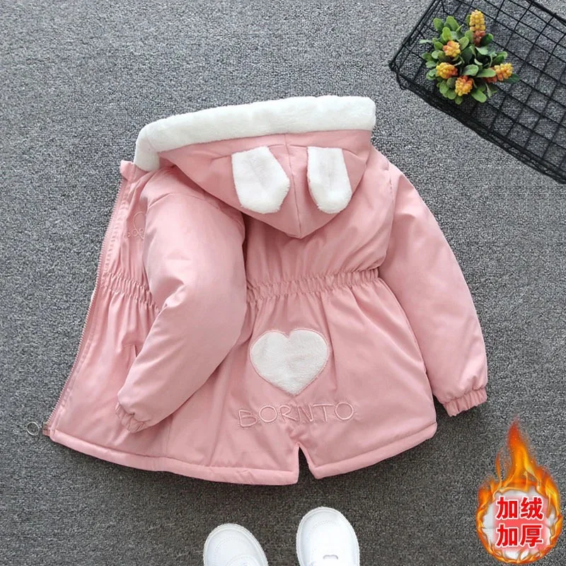 

2024 Autumn Winter Thick Warm Girls Jacket New Fashion Love Pattern Kids Windbreaker Coats For Girl Hooded Outwear Birthday Gift