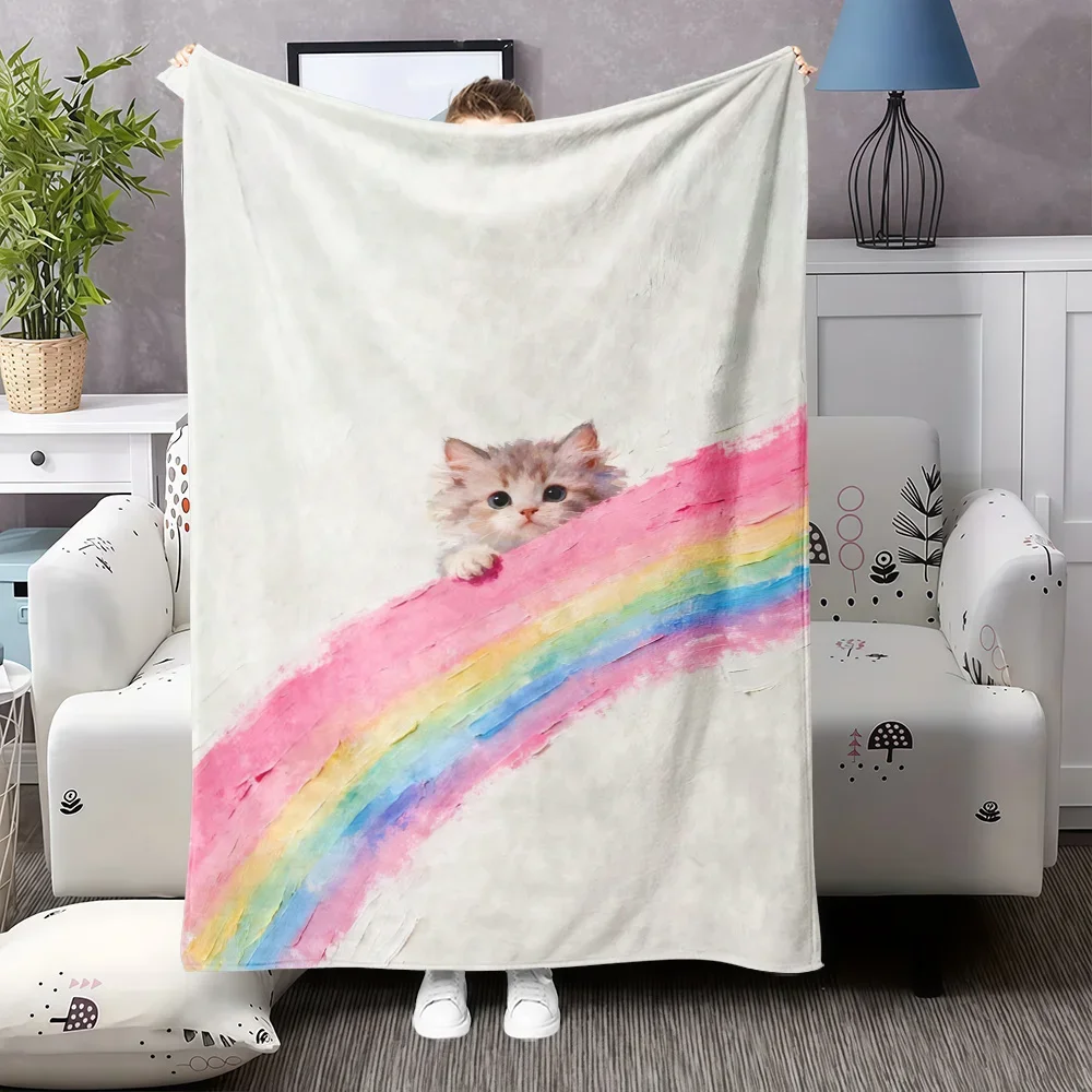 

Плед из фланели PC Rainbow Kitten Tabby: мягкий, пастельный, в радужных тонах (розовый, зеленый, фиолетовый, желтый) с изображением кошачьей мордочки, всесезонный, уютный, для кровати.