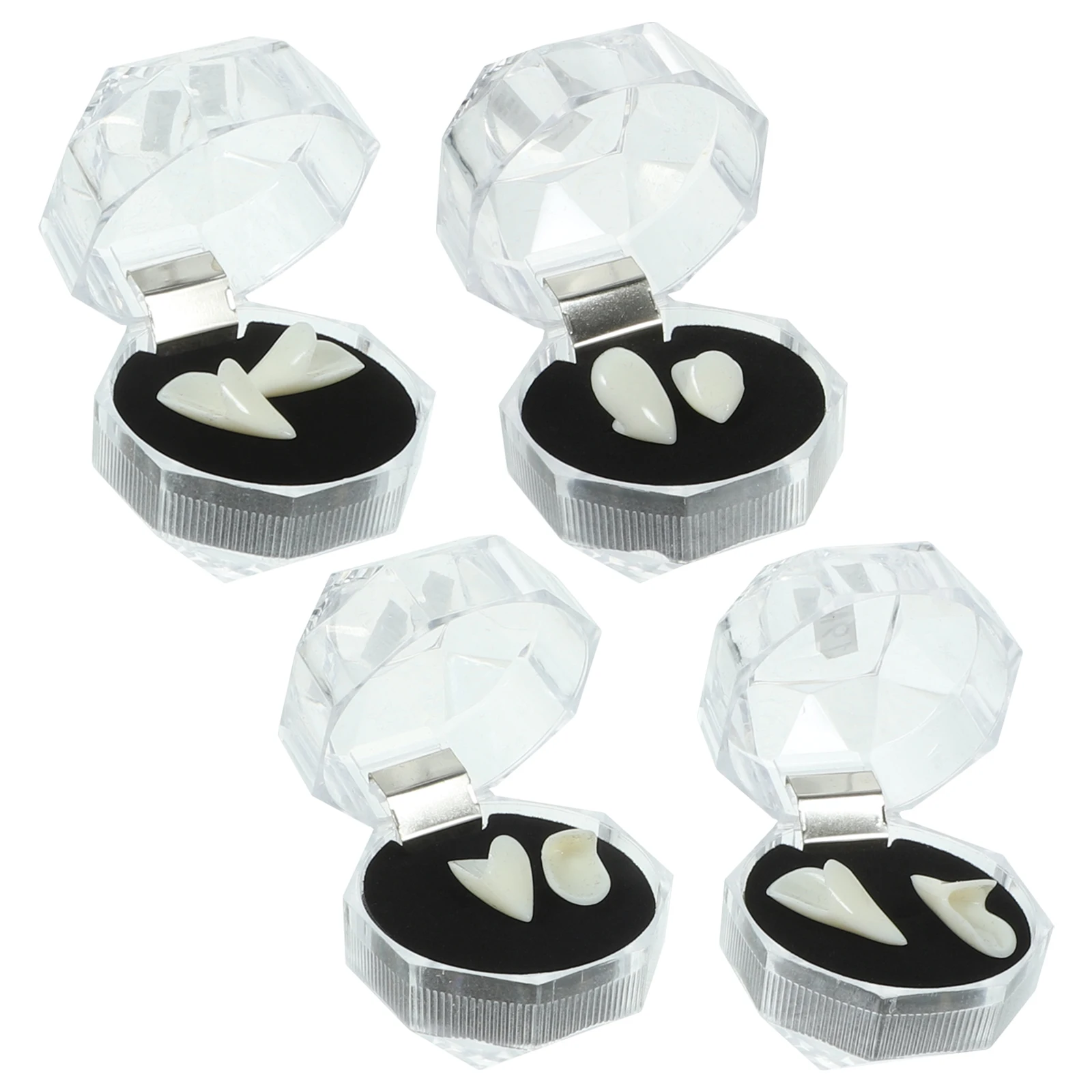4 pares de colmillos de vampiro, diseño de punta dividida de resina realista, 13mm, 15mm, 17mm, 19mm, caja transparente, fiesta de dientes de Halloween, Cosplay