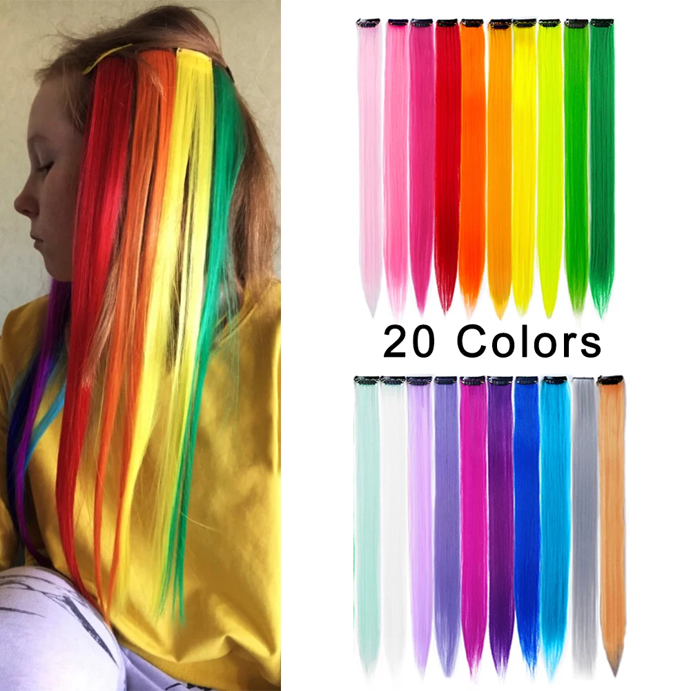 20PCS/Pack Colored Highlight Synthetic Hair Extensions Rainbow 22inch Straight Hairpieces for Women Kids Girls Purple Pink Blue