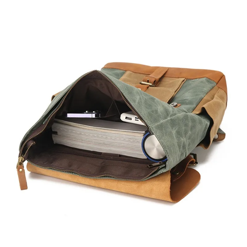 [حقيبة ظهر من القماش المشمع] حقائب ظهر من جلد البقر والزيت للجنسين حقائب ظهر مقاومة للماء مقاس 15 بوصة حقائب نهارية لأجهزة الكمبيوتر المحمولة سعة كبيرة Mochilas عتيقة