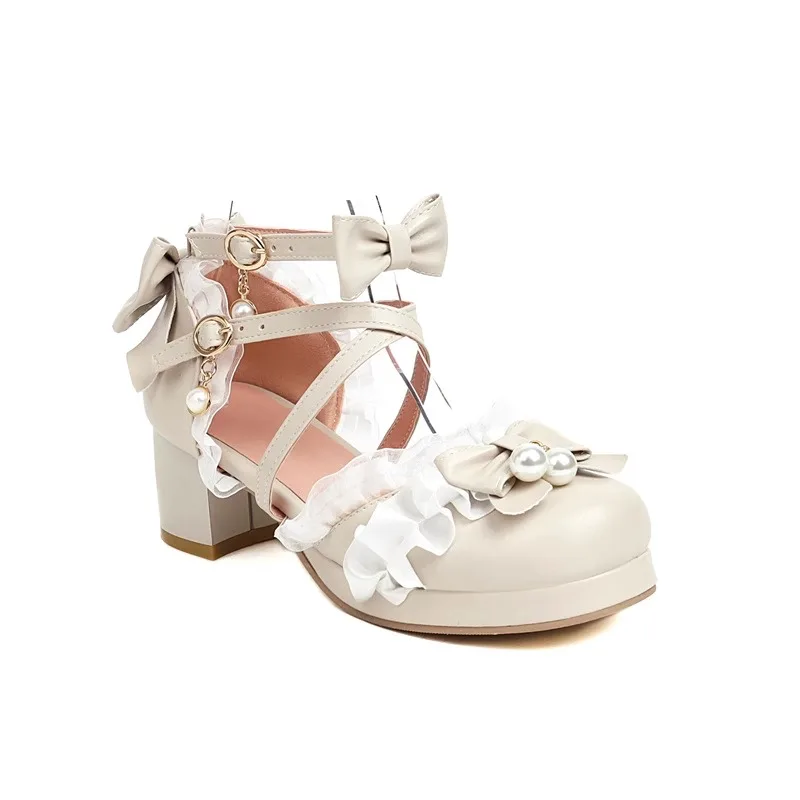 연인 로리타 샌들 여성 공주 하이힐 데일리웨어 LO 신발 소프트 걸스 로리타 신발 스트랩 리본 보우 핑크 블랙