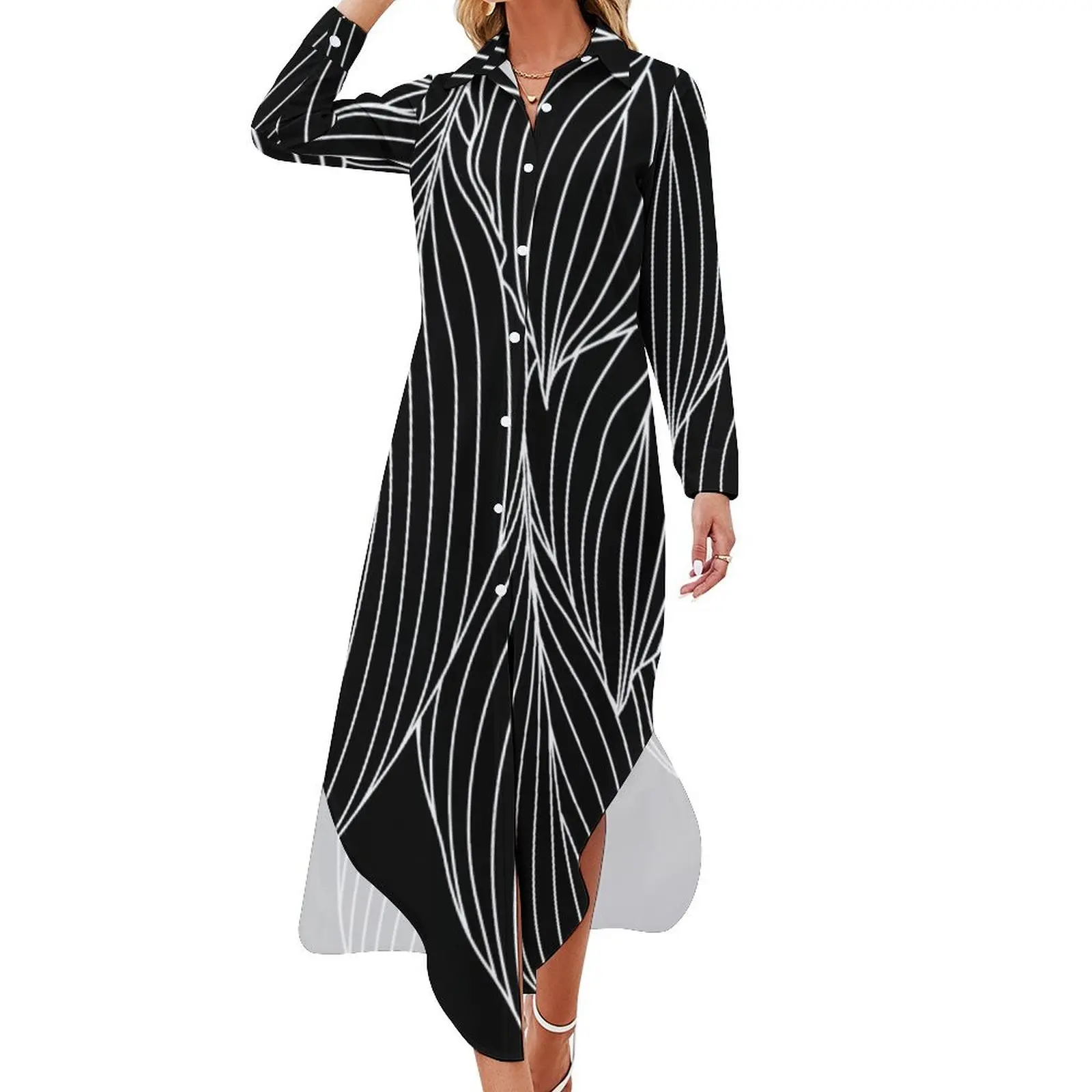 

hosta leaves - white and black Long Sleeved Shirt Dress dresses for womens luxury dress dress for women 2024