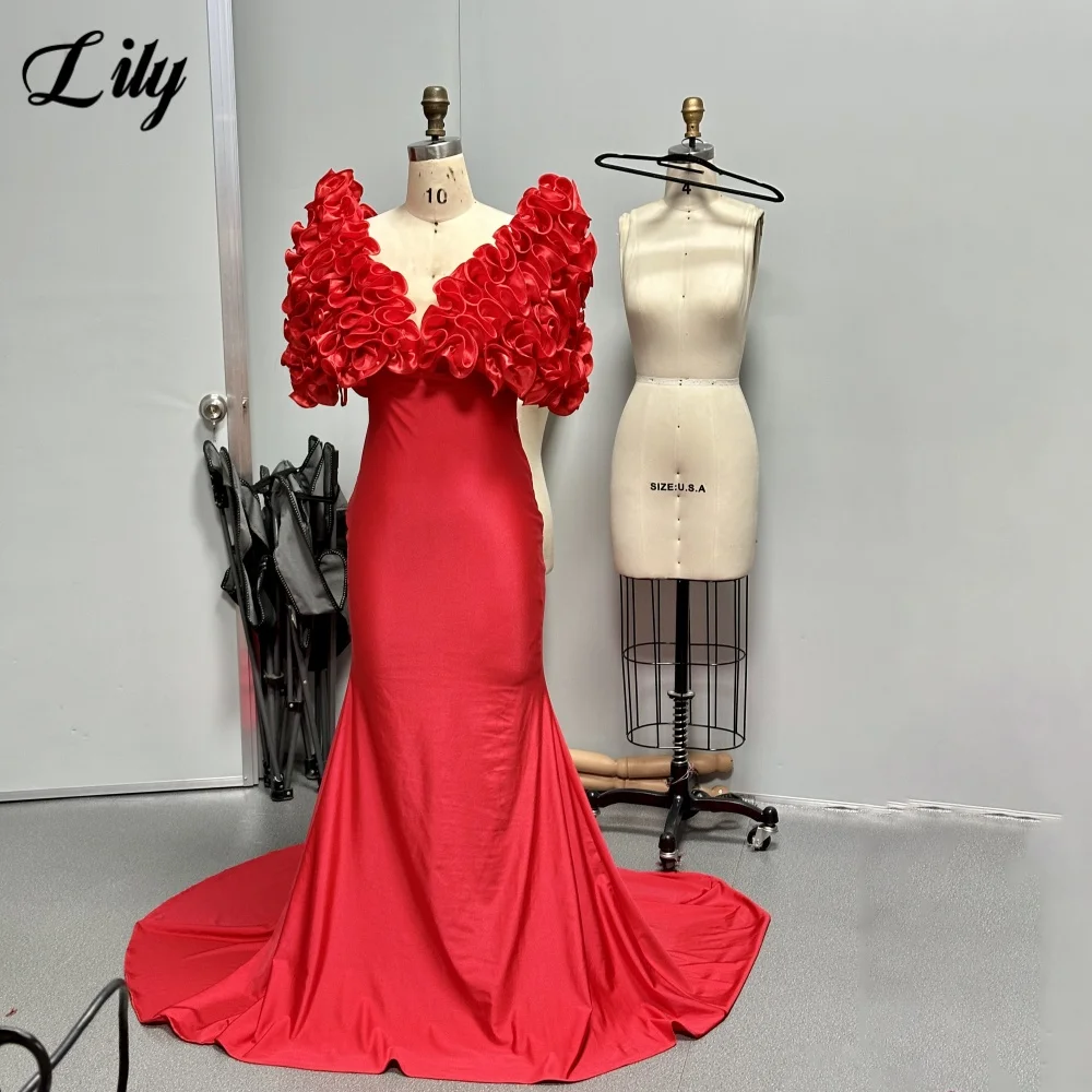 Lily Red Mermaid Chic Woman Evening Dress Stain 3D-Flowers Formal Gown Ruched Deep V-Neck Night Dresses robe de bal Customized image 3
