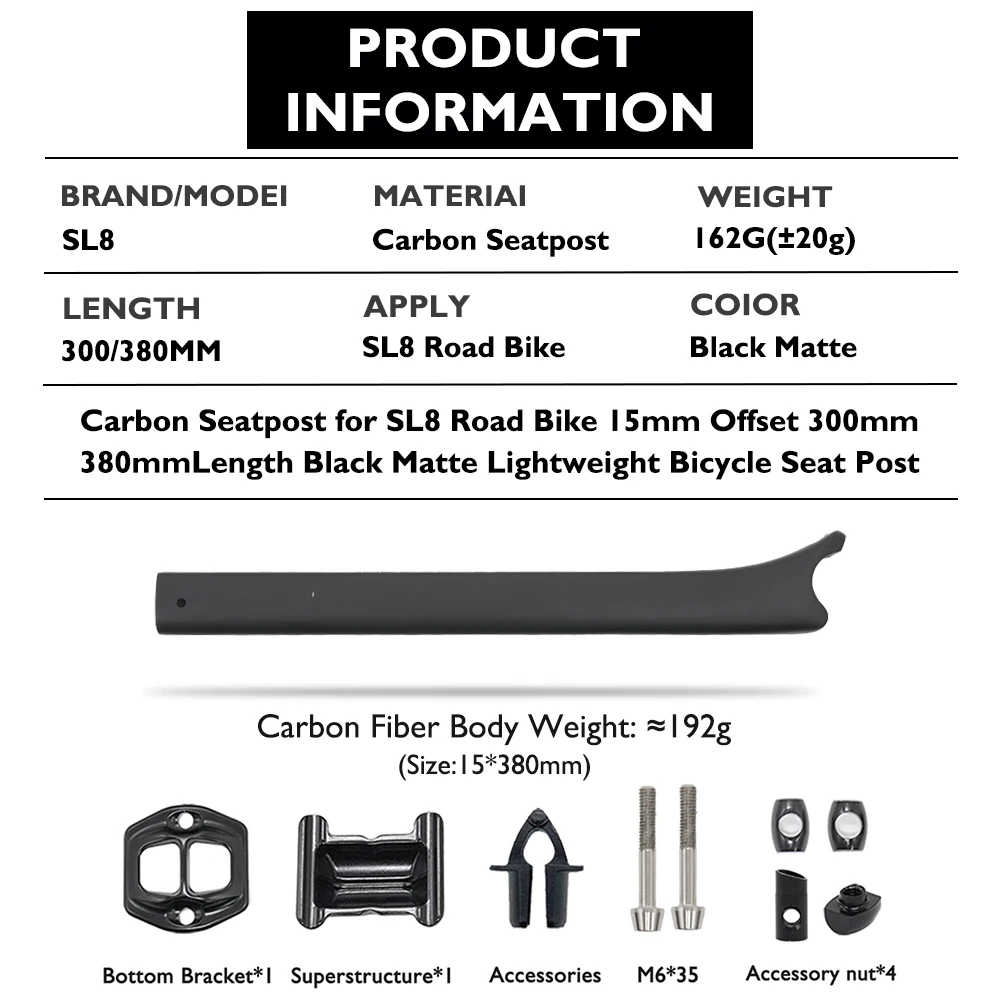 ODINZEUS For Tarmac SL8 Carbon Fiber Seatpost, Aero Road Bike Seatpost, 15mm Offset, 300/380mm, Compatible with SL8 Frames view 3