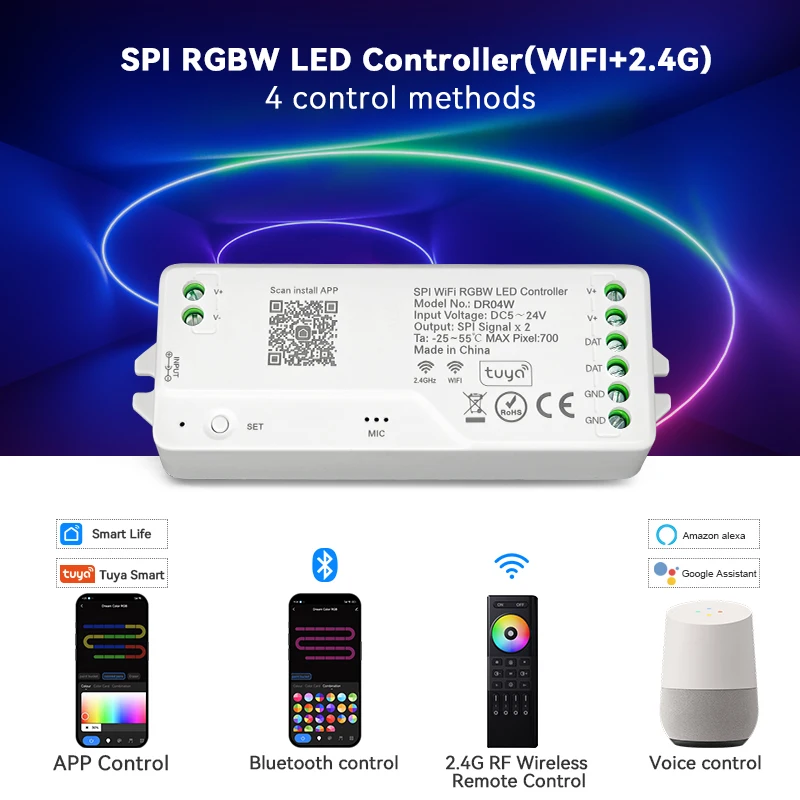 All In One LED Controller DR04W Wifi Alexa Google Home BT Tuya PWM SPI Pixels LED RGBW Strip Light WS2811 WS2812B SK6812 FCOB