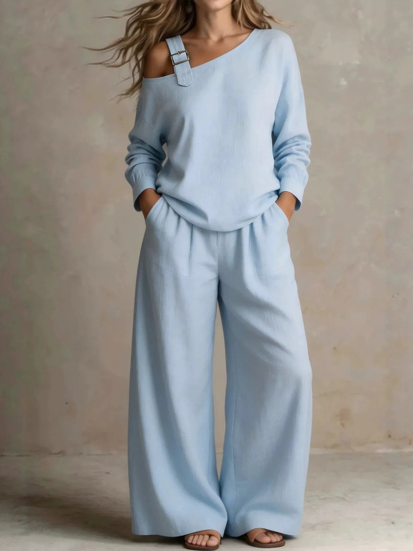 2026 Women's Fashion Loose Single-Shoulder Linen Blend Two-Piece Set for Casual Wear