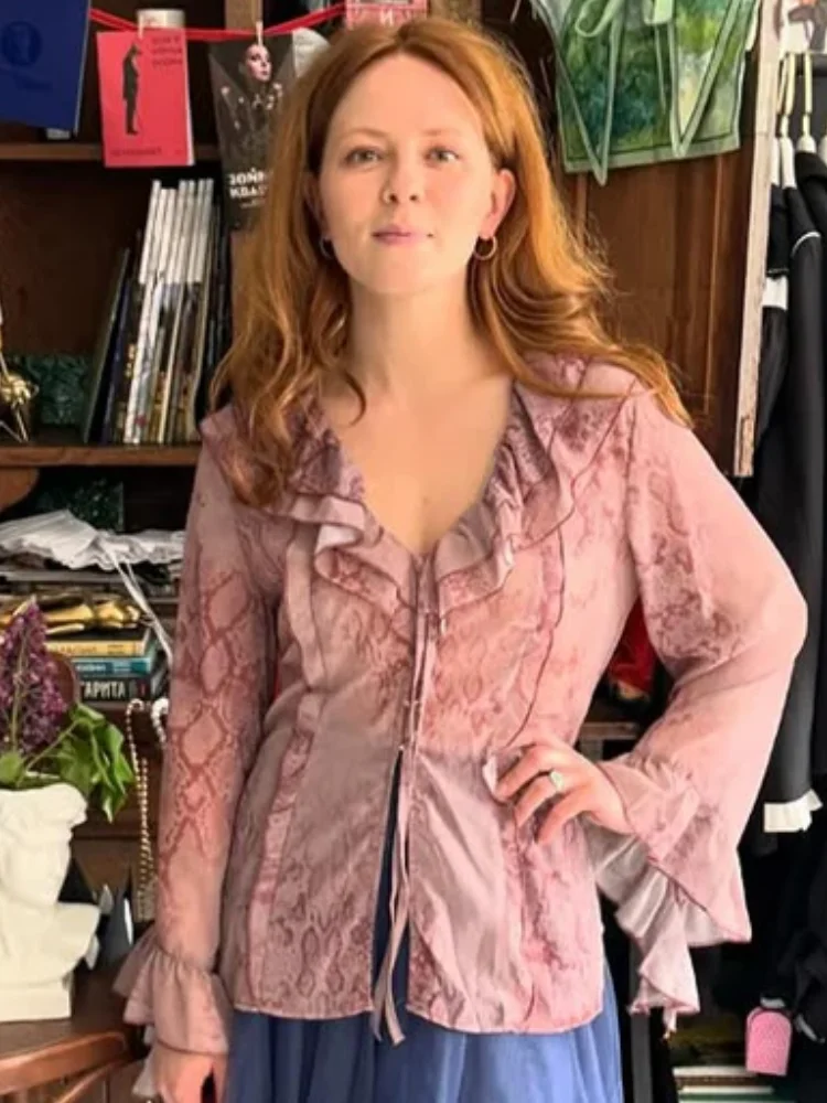 

Elegant Animal Print Ruffle Shirt Women V-neck Long Flared Sleeve See Through Layered Shirts 2026 New Chic Daily Commute Blouse