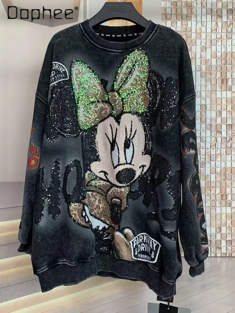 Trendy Brand Autumn Winter Fleece Heavy Cartoon Youthful Loose Fashion Thickened Crew Neck Sweatshirt Women Top Anime Hoodie